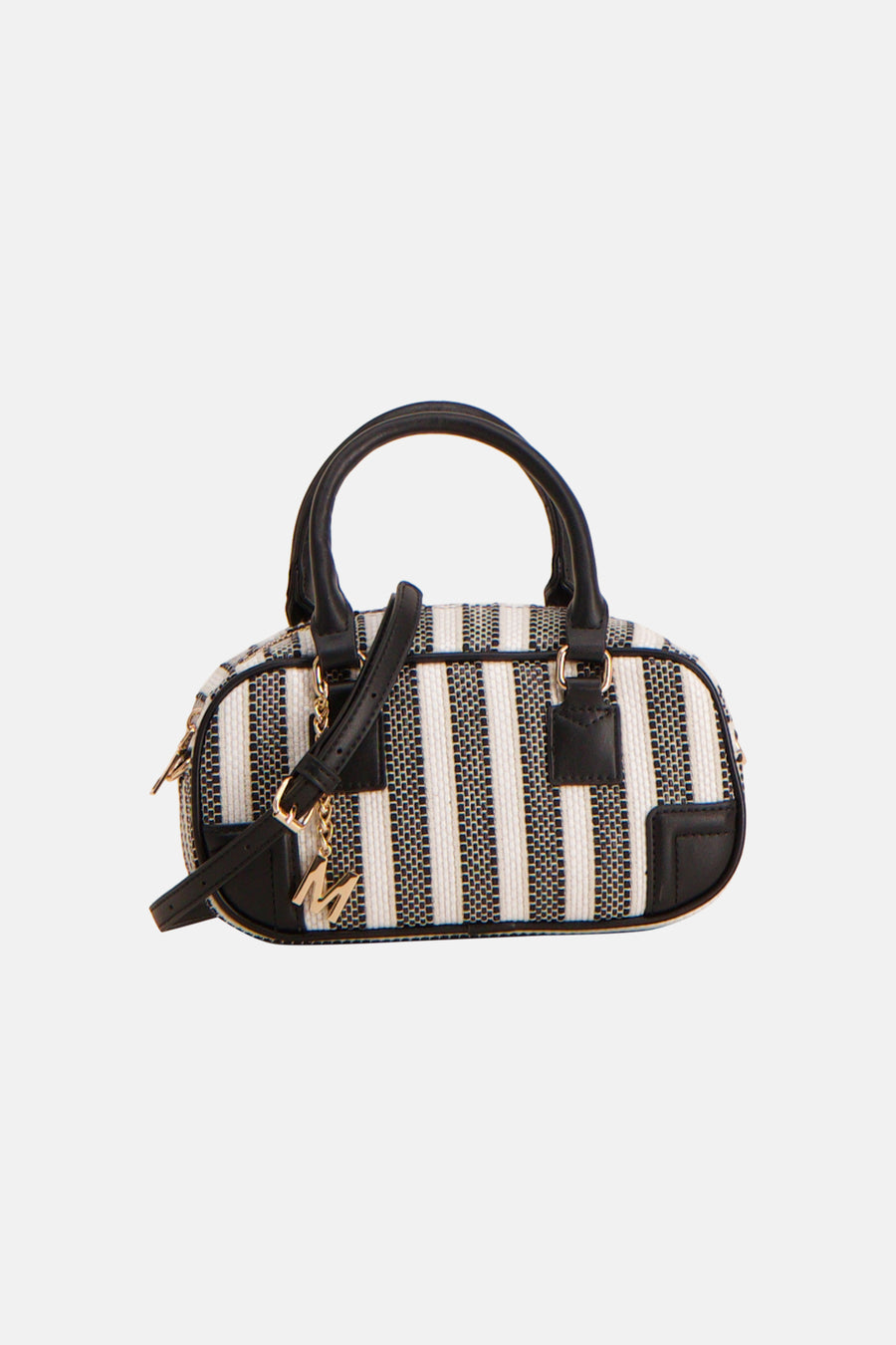 Zwarte schoudertas van Morgan De Toi met gestreept patroon en gouden letter 'M' als hanger.
