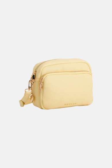 Sac à bandoulière jaune de Morgan De Toi avec plusieurs compartiments zippés, ferrures dorées et logo en relief.