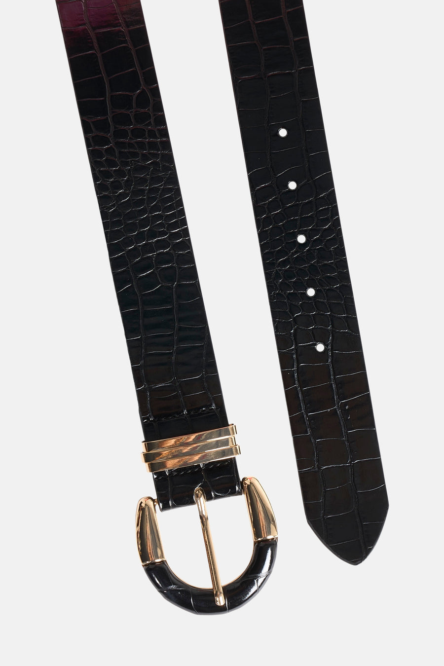 Ceinture noire de Morgan De Toi, avec un motif crocodile et une boucle dorée.