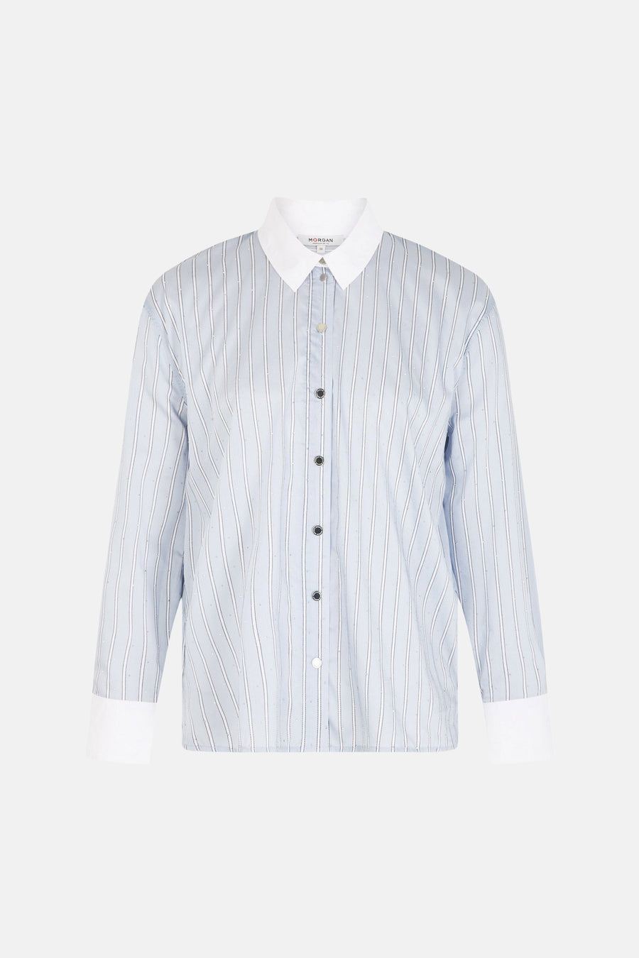 Blauw gestreept hemd met lange mouwen van Morgan de Toi, met een witte kraag en manchetten.
