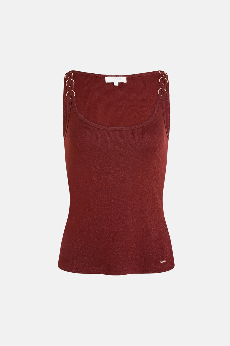 Haut rouge brique à fines bretelles de Morgan De Toi, avec détail d'anneau sur les bretelles et effet légèrement brillant.