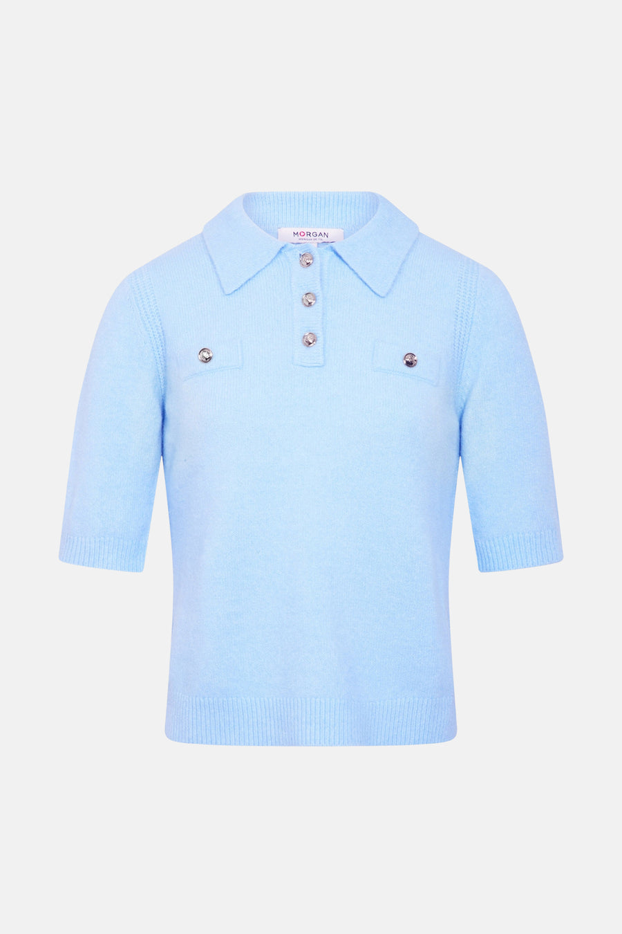 Pull bleu Morgan De Toi à manches courtes, avec un col et des boutons décoratifs.