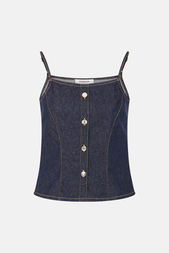 Blazer en denim bleu marine de Morgan De Toi avec surpiqûres dorées et boutons décoratifs à l'avant.