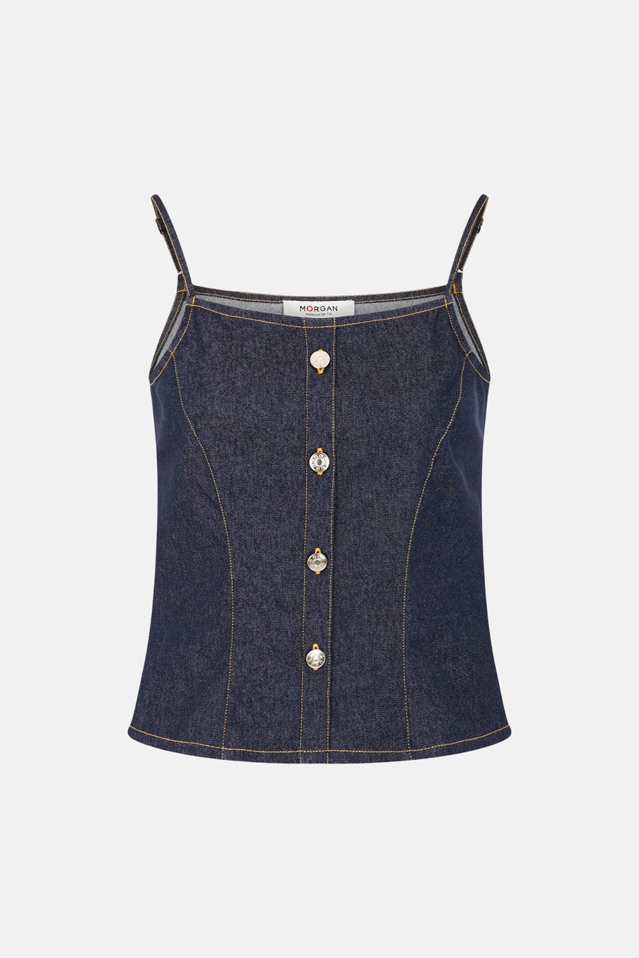 Blazer en denim bleu marine de Morgan De Toi avec surpiqûres dorées et boutons décoratifs à l'avant.