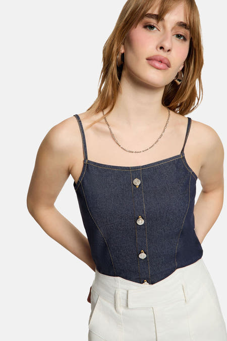 Blazer van donkerblauw denim de Morgan De Toi, met knoopsluiting en lichte sierstiksels.