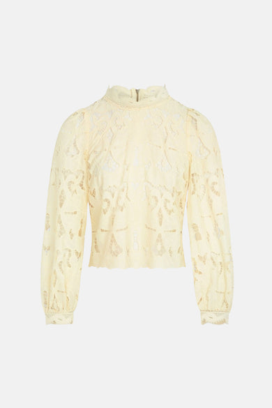 Gele blouse met lange mouwen van Morgan De Toi, met kanten details en een hoge hals.
