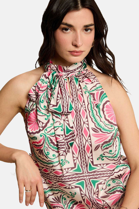 Chemisier sans manches multicolore de Morgan De Toi, avec une cravate et un motif floral abstrait.