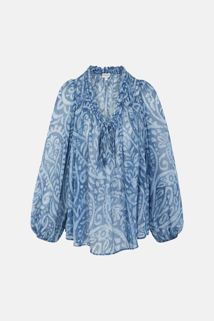 Blauw blouse met lange mouwen van Morgan De Toi, met een paisley-achtig patroon en ruches langs de halslijn.