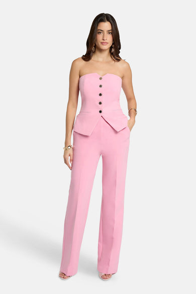 Pantalon de costume rose de Morgan De Toi, avec jambes larges et une coupe taille haute.