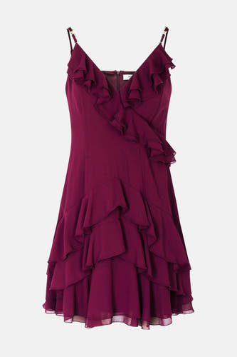 Robe bordeaux sans manches de Morgan De Toi, avec volants et fines bretelles.