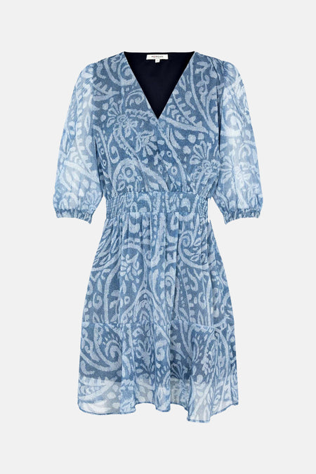 Blauw kleedje met korte mouwen van Morgan De Toi, met wit paisley-achtig patroon, V-hals en elastische taille.