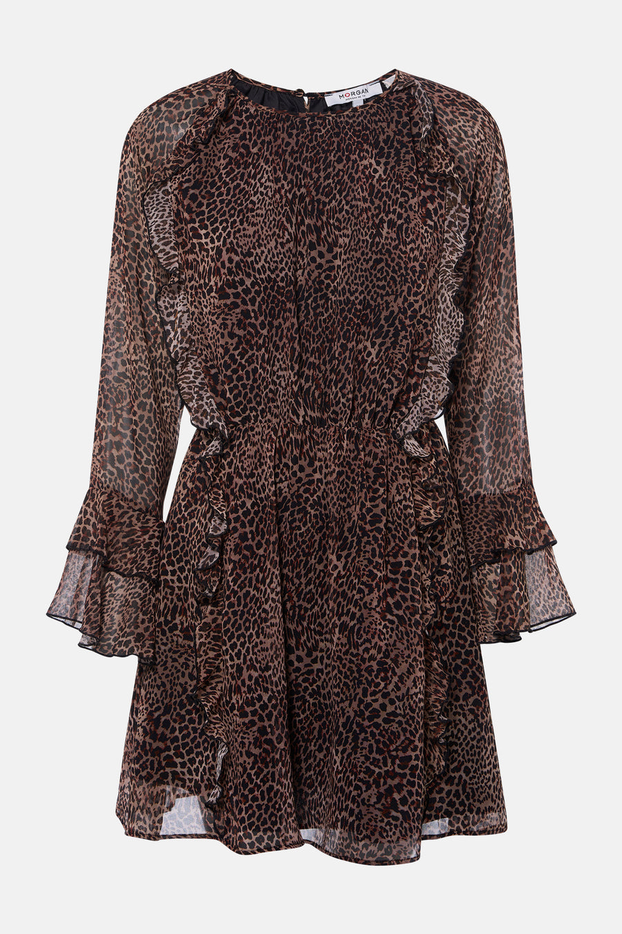 Bruine jurk met lange mouwen van Morgan De Toi, met luipaardprint en ruches.

