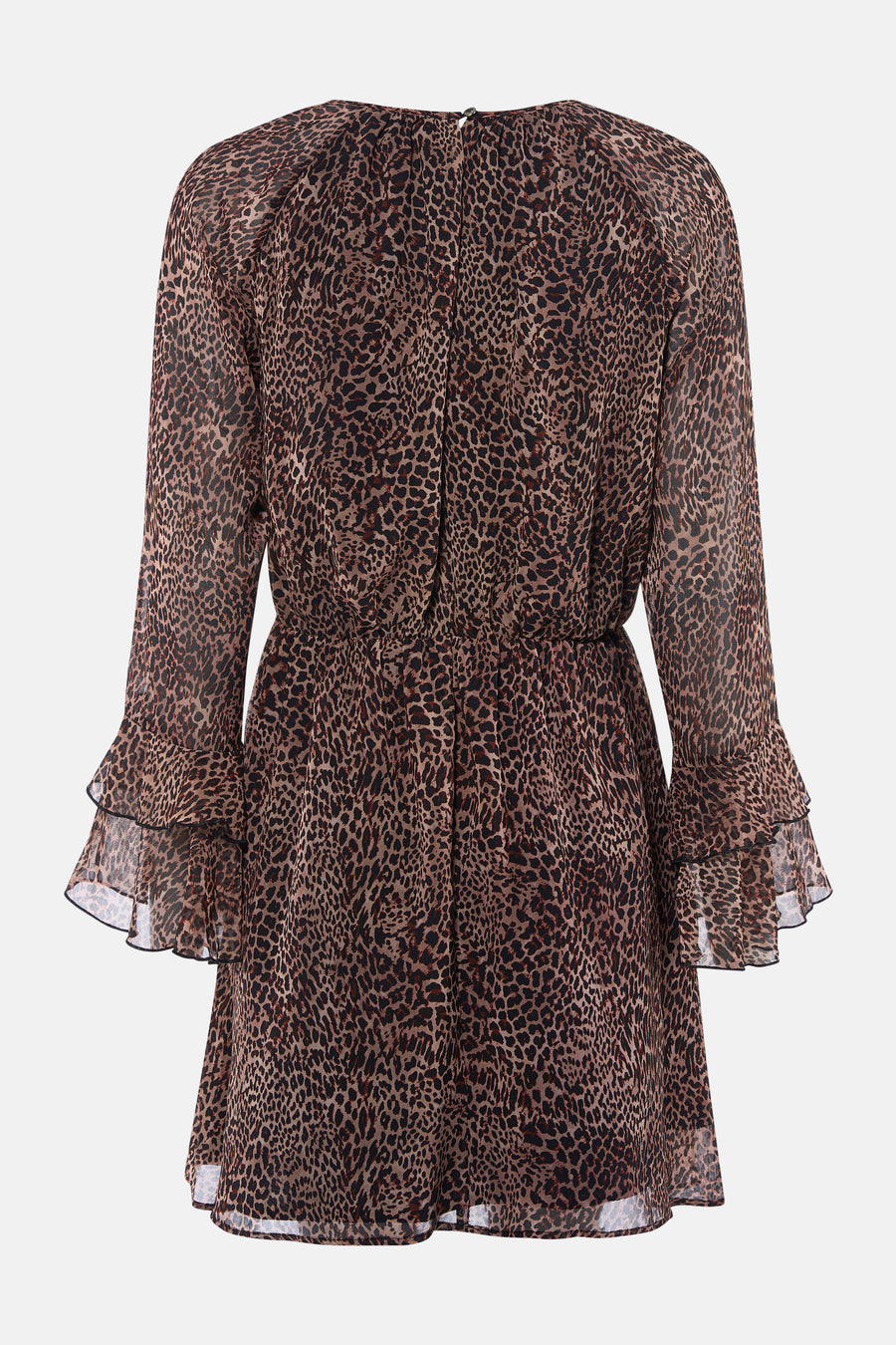 Bruine jurk met lange mouwen van Morgan De Toi, met luipaardprint en uitlopende mouwen.