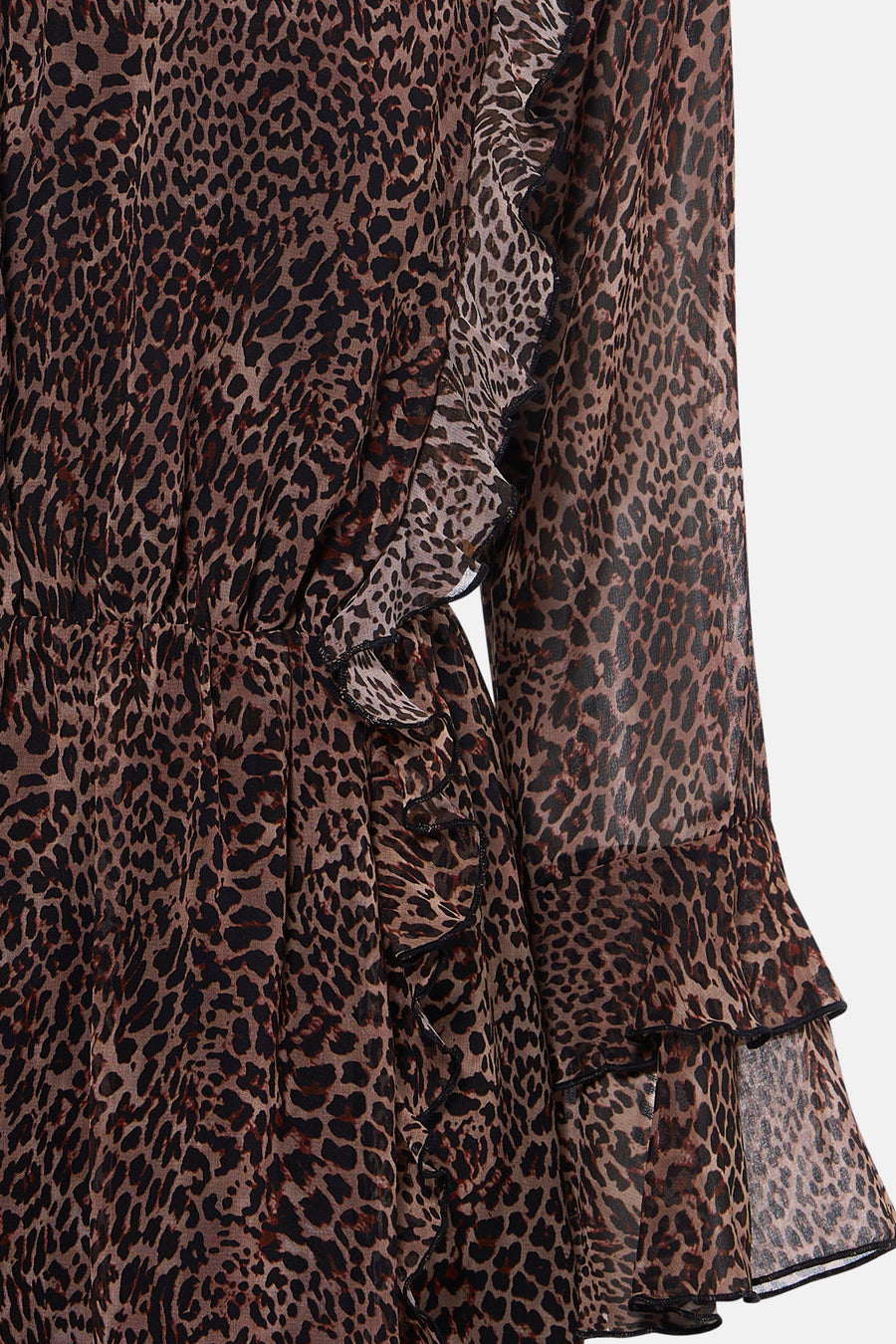 Bruine jurk met lange mouwen van Morgan De Toi, met luipaardprint en ruches.
