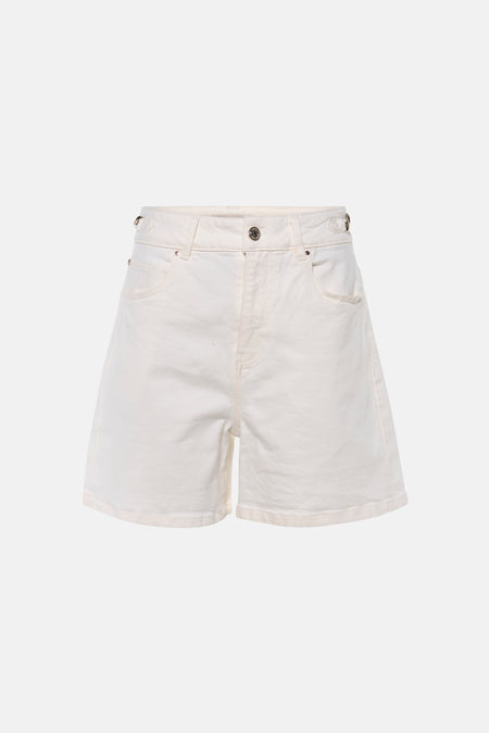 Witte denim shorts van Morgan De Toi met hoge taille, knoopsluiting en metalen details aan de zijkant.