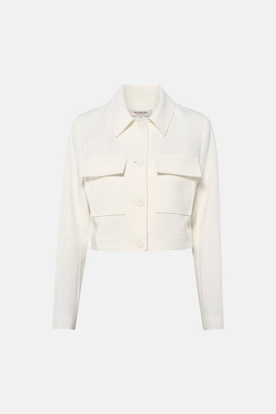 Veste courte blanche Morgan De Toi avec col, fermeture boutonnée et deux poches poitrine plaquées.