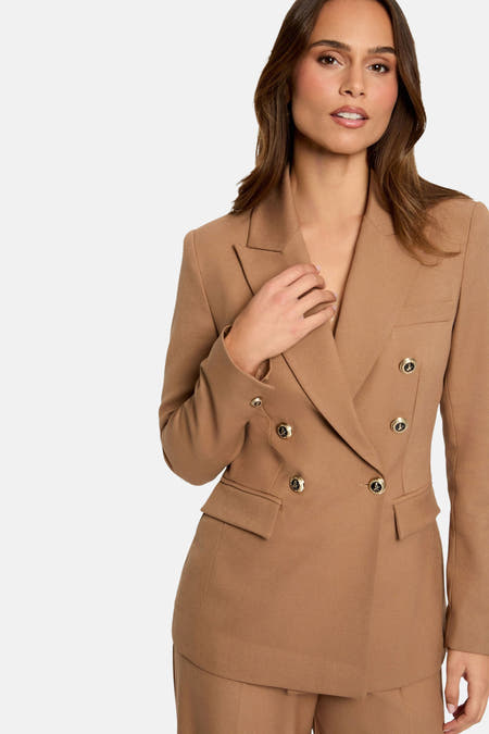 Bruine blazer van Morgan De Toi, double-breasted met gouden knopen en zakken.