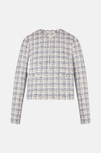 Blauw, kort jasje van Morgan De Toi, met een geruit patroon en zakken met knopen.