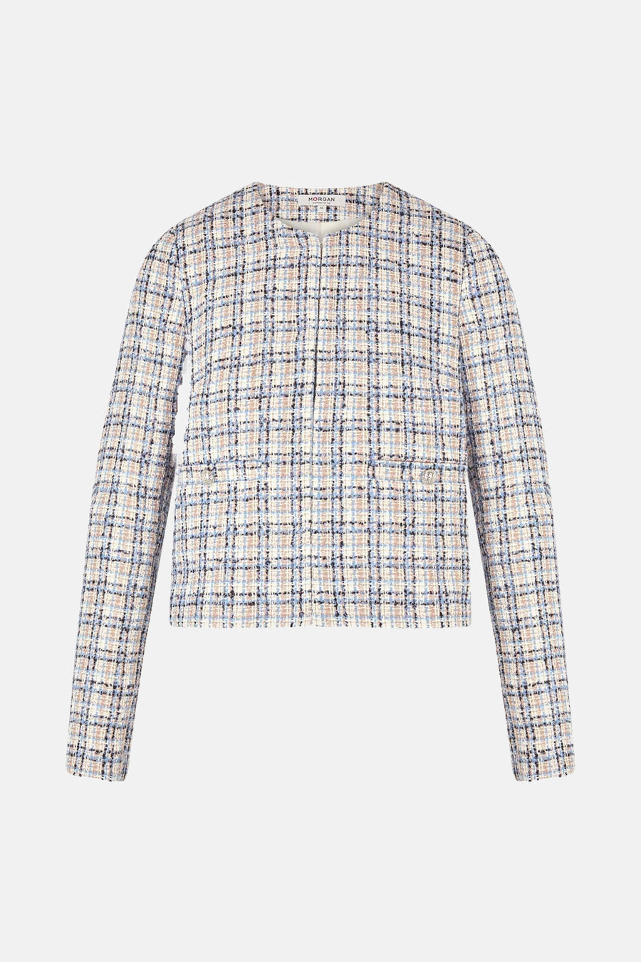Blauw, kort jasje van Morgan De Toi, met een geruit patroon en zakken met knopen.