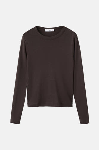 Bruin T-shirt met lange mouwen van MANGO, effen stof en ronde hals.