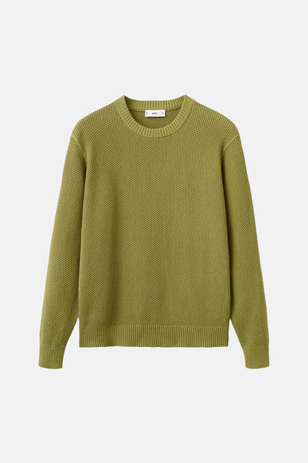 Groene trui met ronde hals van MANGO, met een wafelstructuur en ribgebreide boorden.
