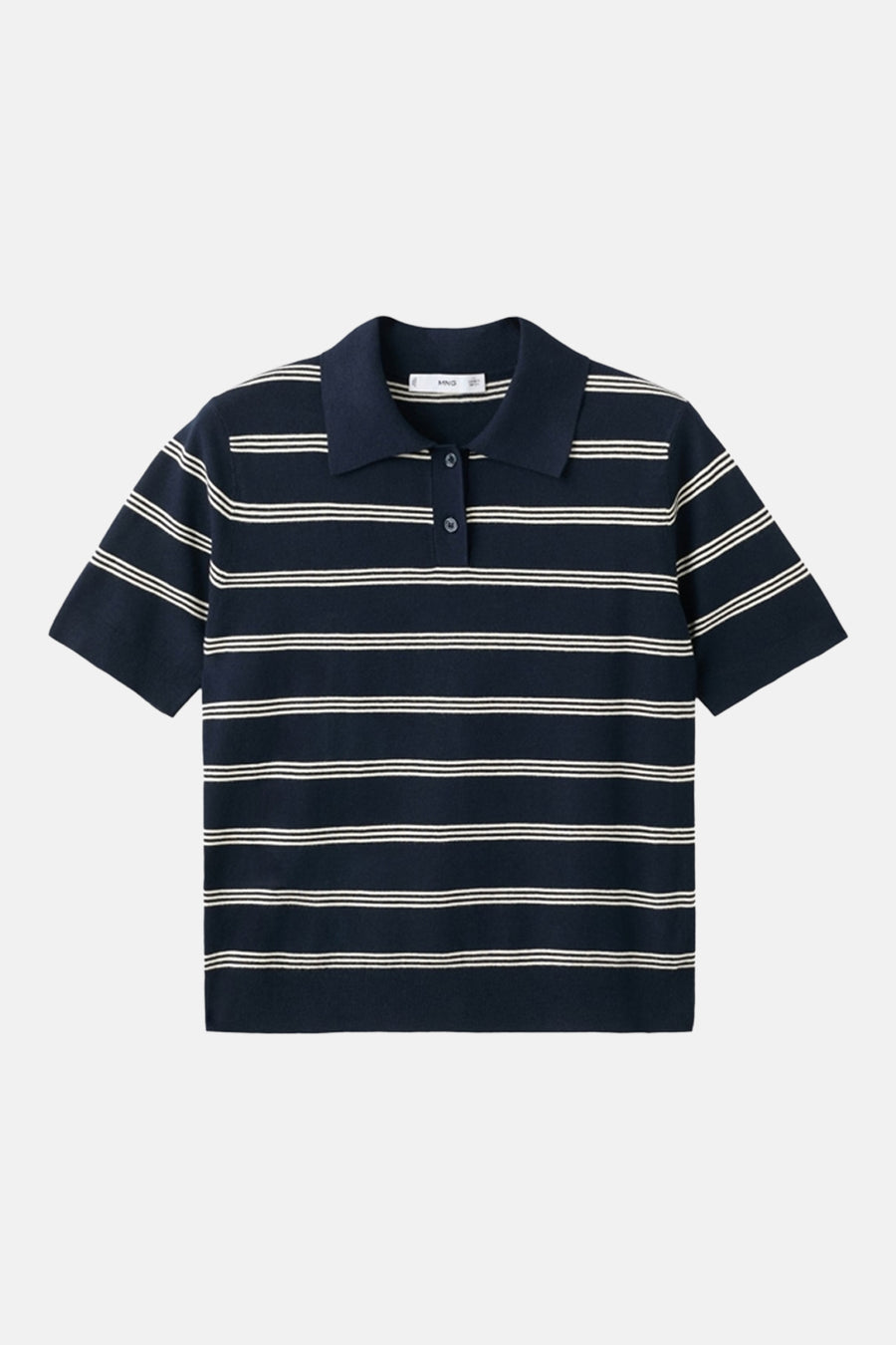 Polo bleu à manches courtes de MANGO, avec un motif rayé et un col classique.