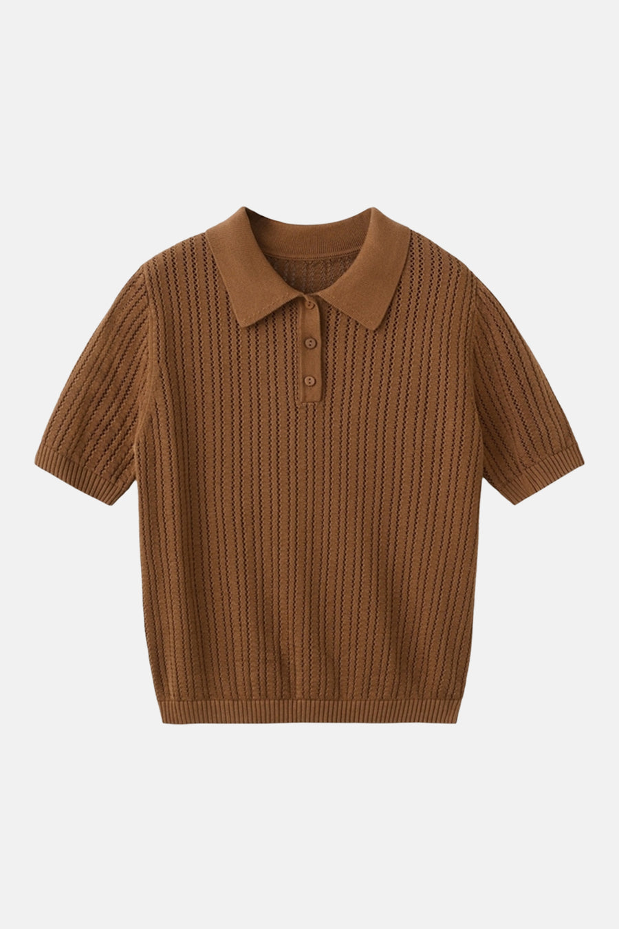 Polo marron de MANGO à manches courtes et motif en maille ajourée.