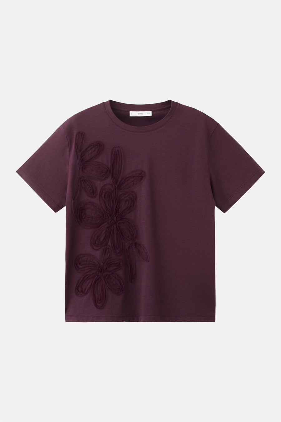 T-shirt à manches courtes Bordeaux de MANGO, orné de motifs floraux sur le devant.