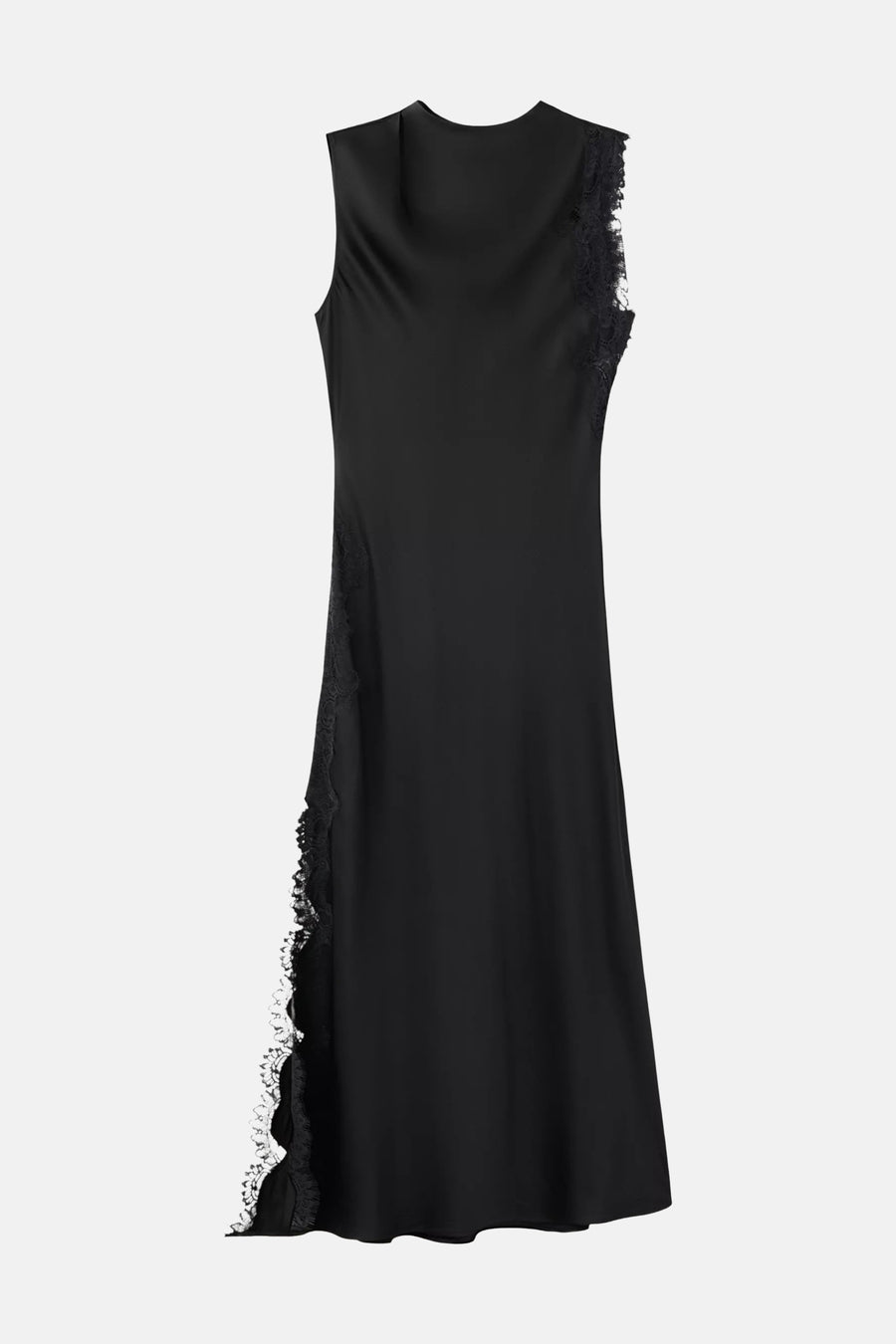 Robe noire sans manches de MANGO avec détails en dentelle sur le côté et l'épaule.