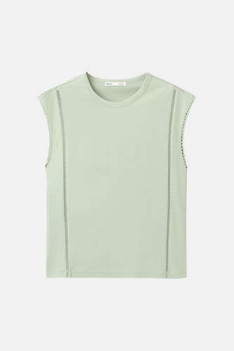 Groene mouwloze top van MANGO met mesh details aan de zijkanten, ronde hals, voorzijde weergave