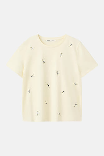 Gele korte mouwen t-shirt van MANGO met kleine bloemen borduursels, ronde hals, voorzijde weergave