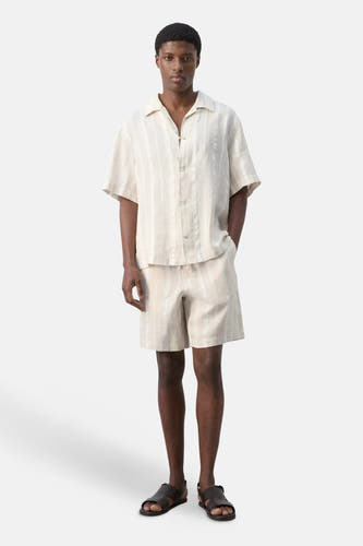 Beige overhemd met korte mouwen van MANGO met verticale strepen, gedragen door een model met een bijpassende gestreepte short en donkere sandalen.