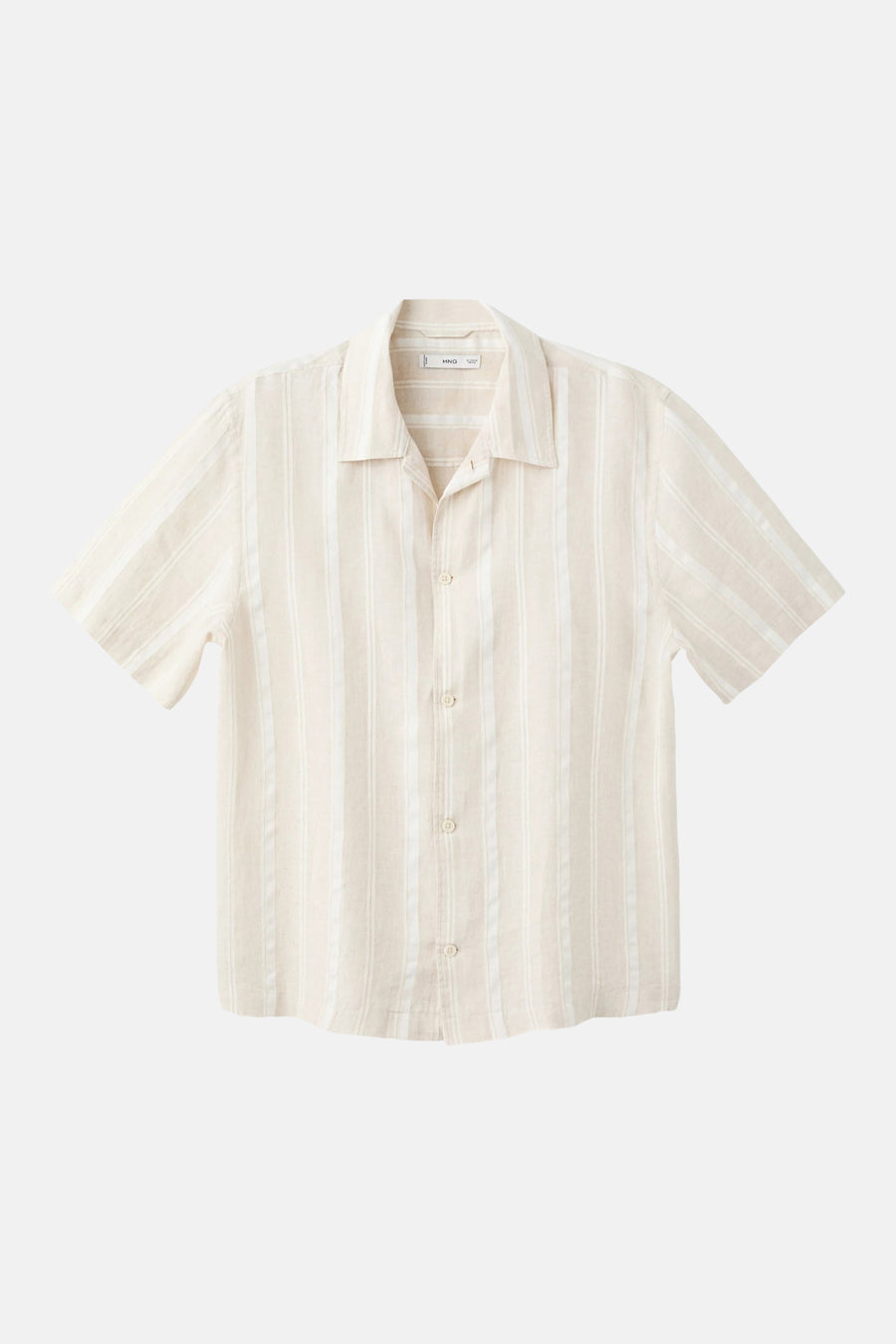 Beige gestreept hemd met korte mouwen van MANGO, met reverskraag en knoopsluiting.