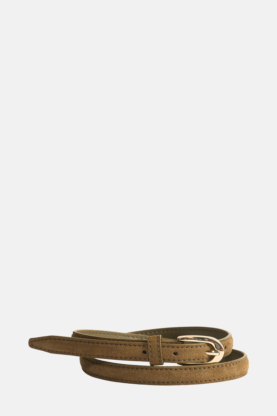 Kaki riem van MANGO, geknoopt en met gouden gespdetail.

