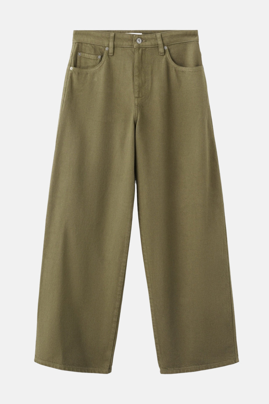 Jean de couleur kaki de MANGO, avec des jambes larges et des poches à l'avant.