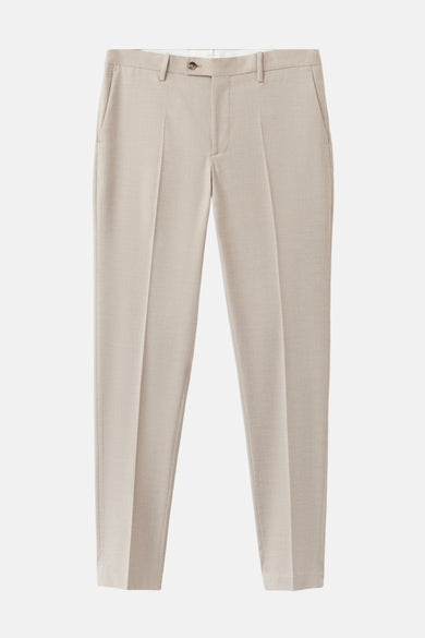 Beige kostuumbroek van MANGO, met een gladde stof en persplooien.