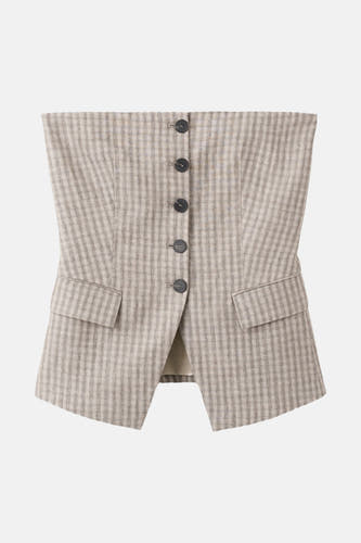 Lichtgrijs geruite blouse zonder mouwen van MANGO met knoopsluiting en klepzakken aan de voorkant.