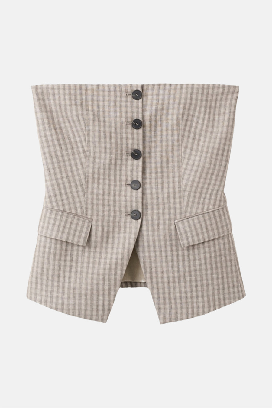 Lichtgrijs geruite blouse zonder mouwen van MANGO met knoopsluiting en klepzakken aan de voorkant.