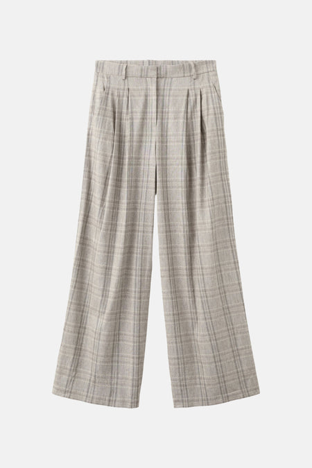 Pantalon beige de MANGO, avec un motif subtilement rayé et des plis sur le devant.