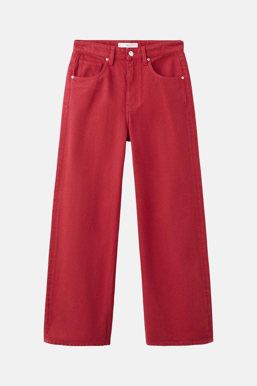 Jean rouge MANGO à jambes larges, cinq poches et détails argentés.