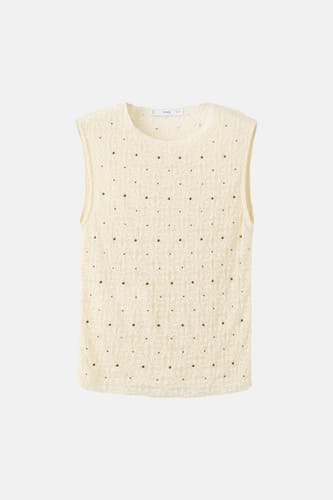 Ecru mouwloze top van MANGO met geweven textuur en kleine studs.