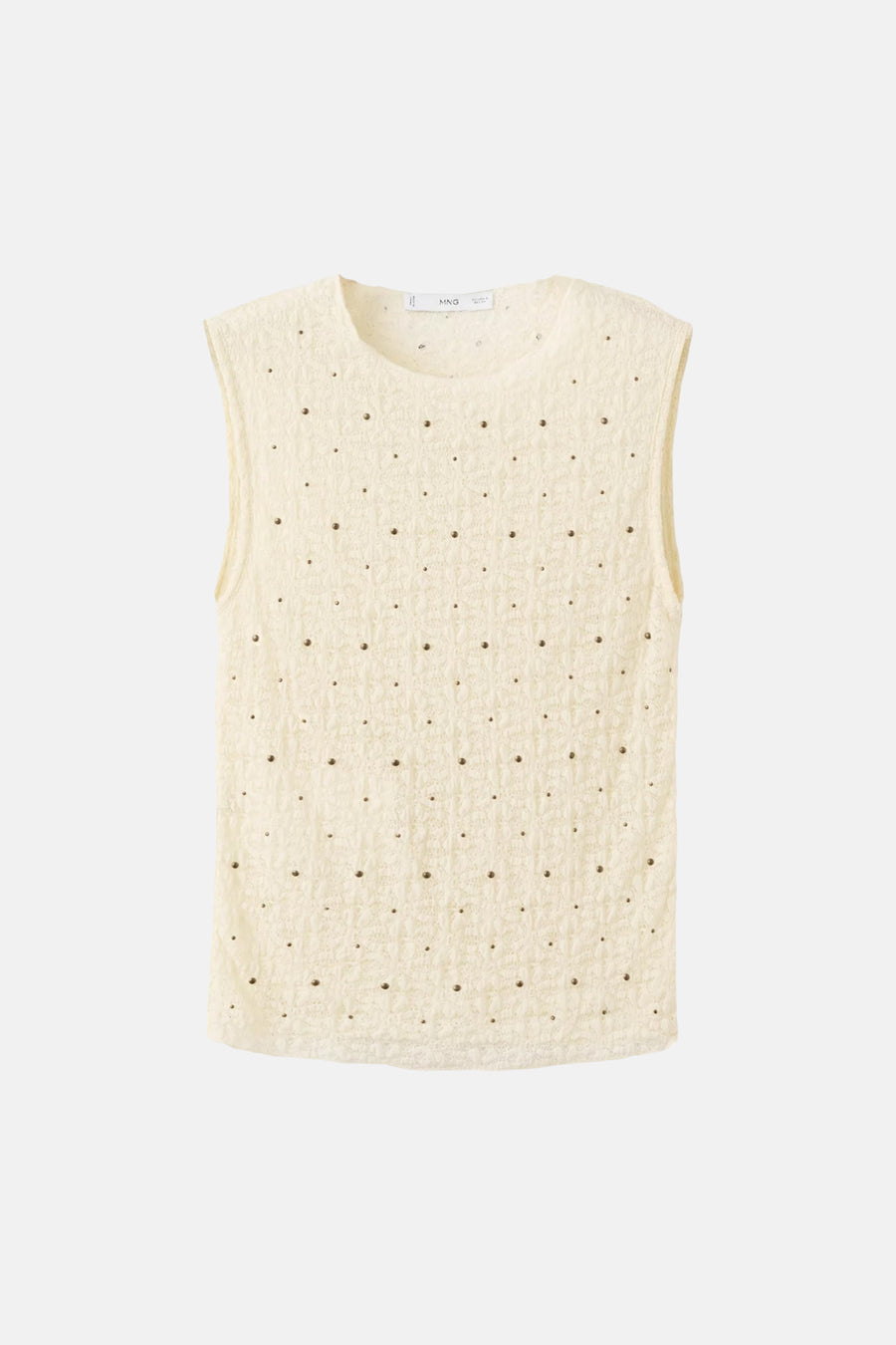 Ecru mouwloze top van MANGO met geweven textuur en kleine studs.