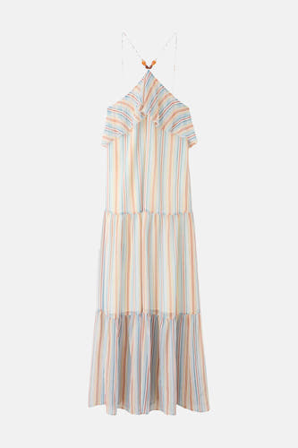 Multicolor gestreept kleedje van MANGO met halterhals, ruches en gelaagde rok.