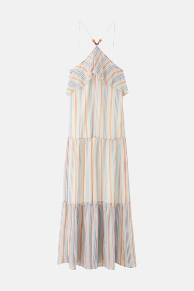 Multicolor gestreept kleedje van MANGO met halterhals, ruches en gelaagde rok.