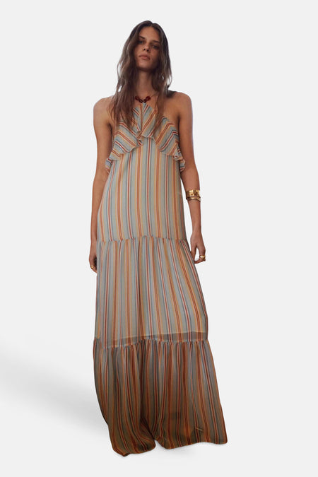 Multicolor gestreept kleedje van MANGO met halterhals en ruches.