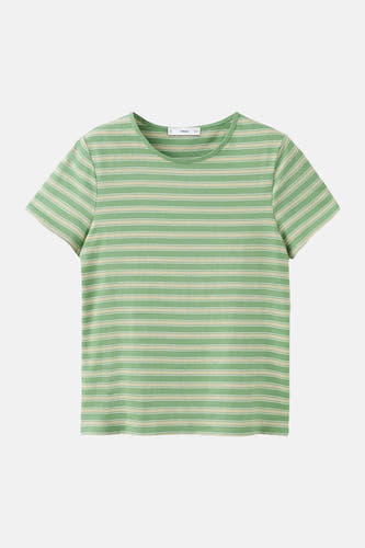 Gestreept groen en beige T-shirt van MANGO met korte mouwen en ronde hals, plat gelegd.