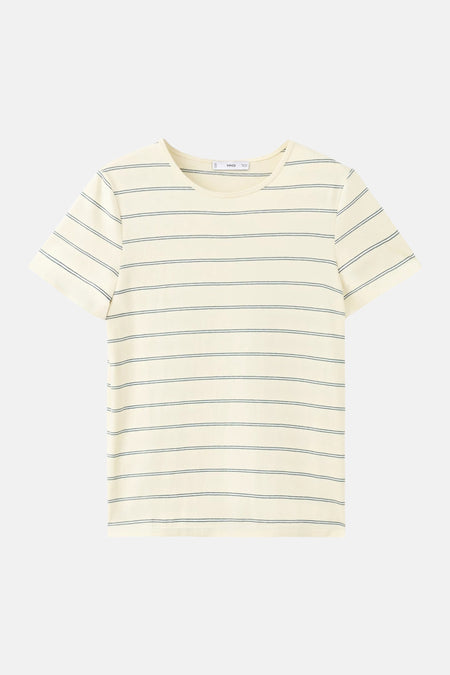 Lichtgeel T-shirt met korte mouwen van MANGO, voorzien van fijne horizontale strepen en een ronde hals.