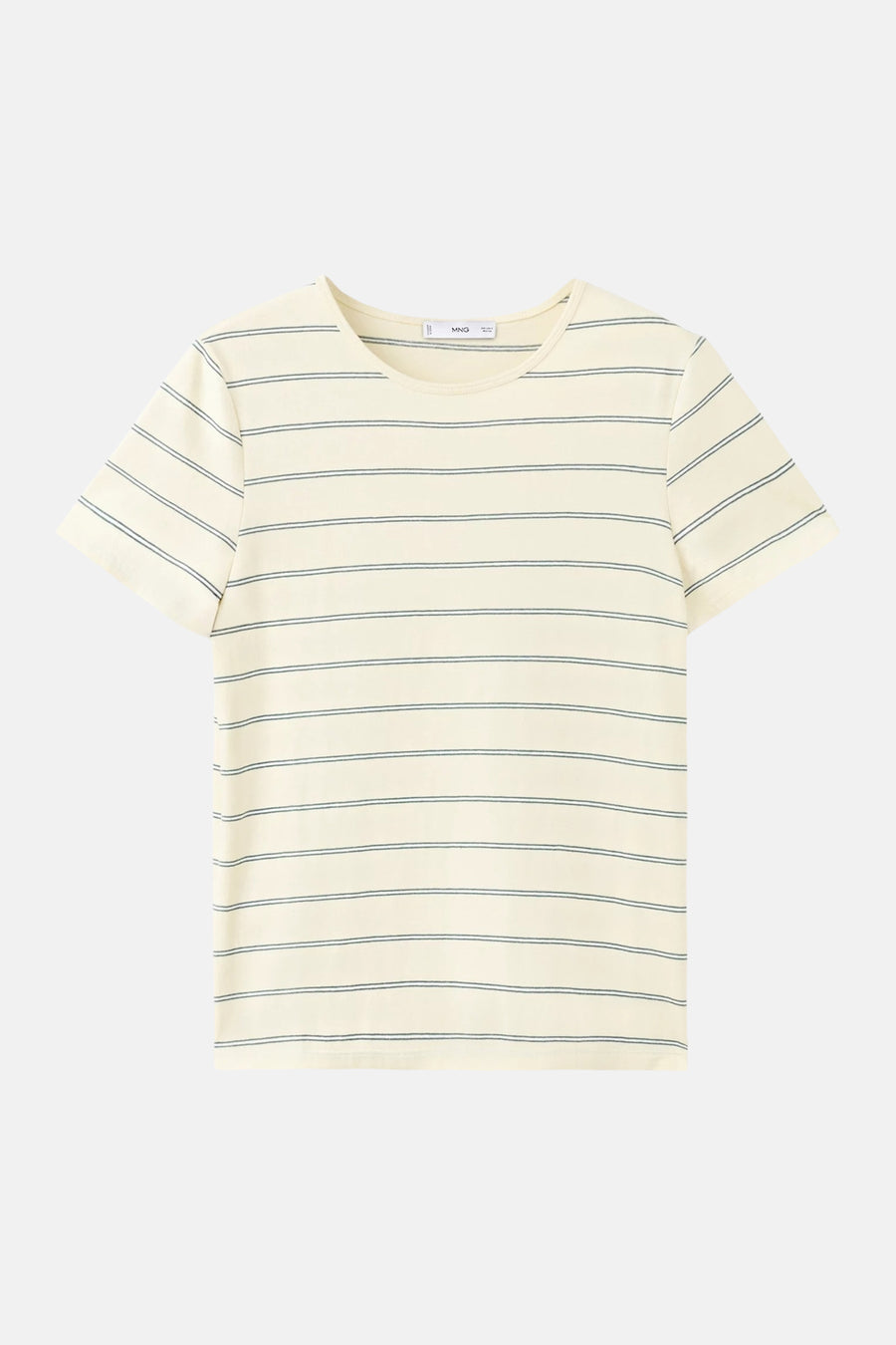 T-shirt à manches courtes de couleur jaune clair de MANGO, orné de fines rayures horizontales et d'un col rond.