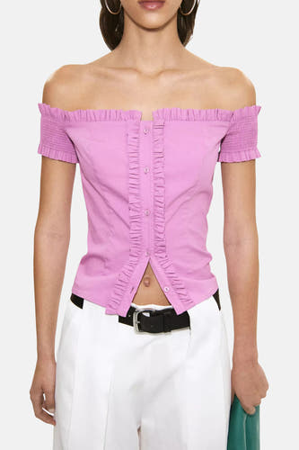 Roze blouse met korte mouwen van MANGO, off-shoulder met ruches en knopen, voorzijde weergave