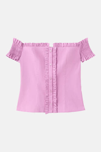 Roze blouse met korte mouwen van MANGO, met ruches aan de schouders en knoopsluiting voor, front view